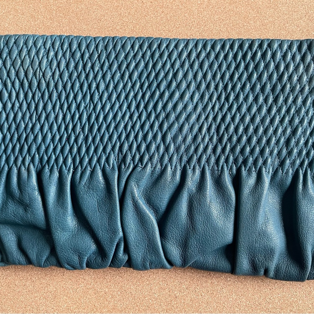 Vintage Elk Teal Leather Woven Clutch Purse - Soft Ruched Leather - 11 inches